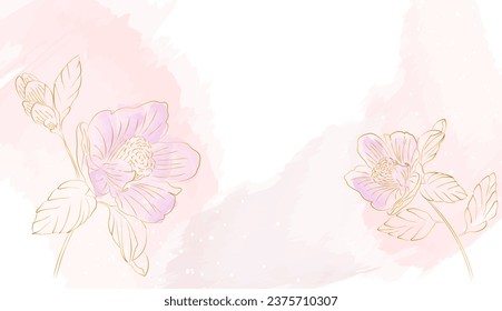 Spring floral in watercolor vector background. Luxury flower wallpaper design with pink flowers, line art, golden texture. Elegant gold botanical illustration suitable for fabric	