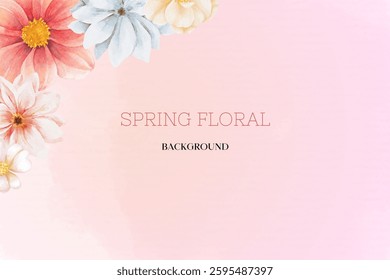 Spring floral in watercolor vector background. Luxury wallpaper design with pink flowers, line art, golden texture.