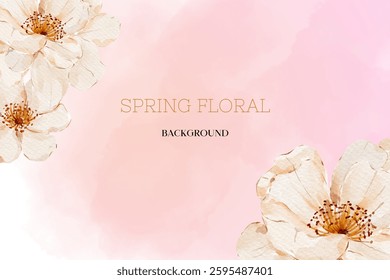 Spring floral in watercolor vector background. Luxury wallpaper design with pink flowers, line art, golden texture.