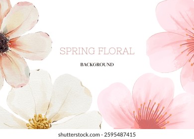 Spring floral in watercolor vector background. Luxury wallpaper design with pink flowers, line art, golden texture.
