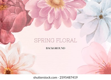 Spring floral in watercolor vector background. Luxury wallpaper design with pink flowers, line art, golden texture.