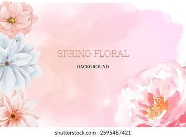 Spring floral in watercolor vector background. Luxury wallpaper design with pink flowers, line art, golden texture.