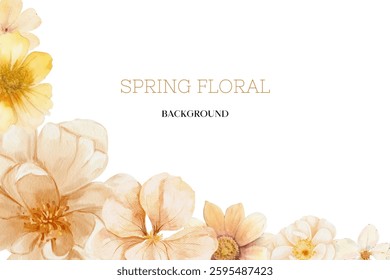 Spring floral in watercolor vector background. Luxury wallpaper design with pink flowers, line art, golden texture.