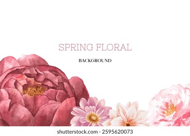 Spring floral in watercolor vector background. Luxury wallpaper design with pink flowers, line art, golden texture.