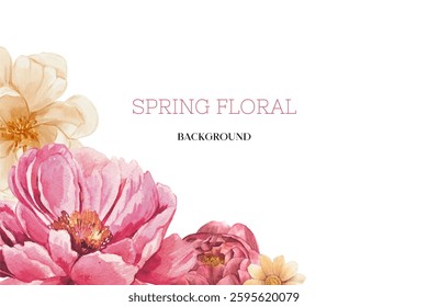 Spring floral in watercolor vector background. Luxury wallpaper design with pink flowers, line art, golden texture.