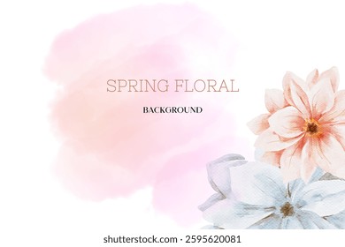 Spring floral in watercolor vector background. Luxury wallpaper design with pink flowers, line art, golden texture.