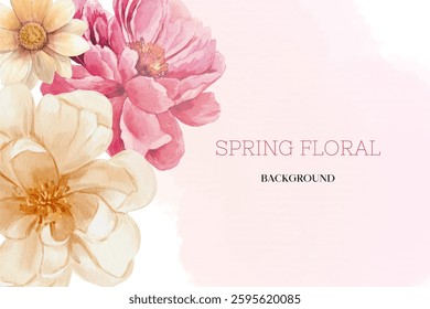 Spring floral in watercolor vector background. Luxury wallpaper design with pink flowers, line art, golden texture.