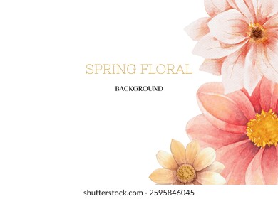 Spring floral in watercolor vector background. Luxury wallpaper design with pink flowers, line art, golden texture.