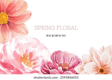 Spring floral in watercolor vector background. Luxury wallpaper design with pink flowers, line art, golden texture.