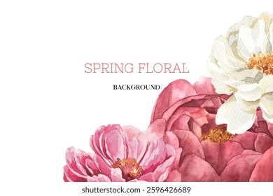 Spring floral in watercolor vector background. Luxury wallpaper design with pink flowers, line art, golden texture.