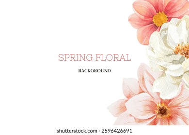 Spring floral in watercolor vector background. Luxury wallpaper design with pink flowers, line art, golden texture.