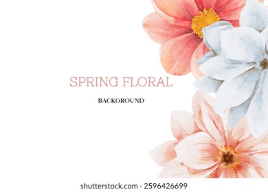 Spring floral in watercolor vector background. Luxury wallpaper design with pink flowers, line art, golden texture.