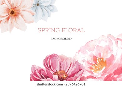 Spring floral in watercolor vector background. Luxury wallpaper design with pink flowers, line art, golden texture.