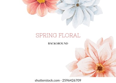 Spring floral in watercolor vector background. Luxury wallpaper design with pink flowers, line art, golden texture.