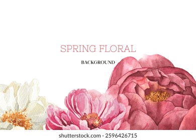 Spring floral in watercolor vector background. Luxury wallpaper design with pink flowers, line art, golden texture.
