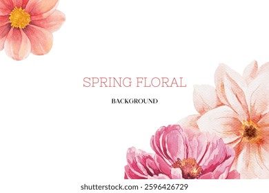 Spring floral in watercolor vector background. Luxury wallpaper design with pink flowers, line art, golden texture.