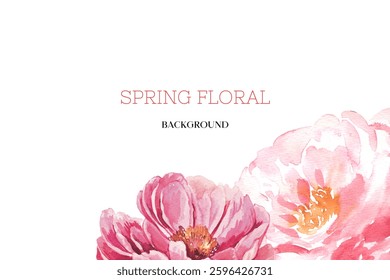 Spring floral in watercolor vector background. Luxury wallpaper design with pink flowers, line art, golden texture.