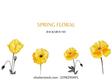 Spring floral in watercolor vector background. Luxury wallpaper design with pink flowers, line art, golden texture.
