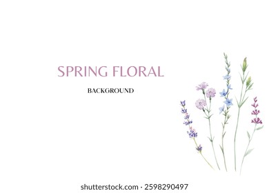 Spring floral in watercolor vector background. Luxury wallpaper design with pink flowers, line art, golden texture.