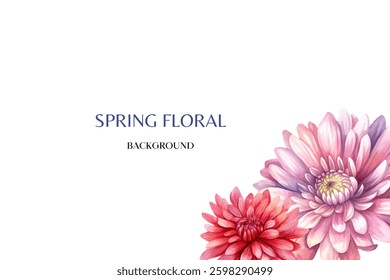 Spring floral in watercolor vector background. Luxury wallpaper design with pink flowers, line art, golden texture.