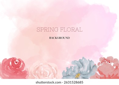 Spring floral in watercolor vector background. Luxury wallpaper design with pink flowers, line art, golden texture.