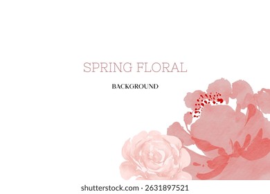 Spring floral in watercolor vector background. Luxury wallpaper design with pink flowers, line art, golden texture.