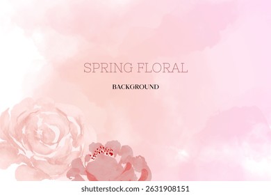 Spring floral in watercolor vector background. Luxury wallpaper design with pink flowers, line art, golden texture.