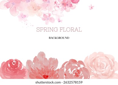 Spring floral in watercolor vector background. Luxury wallpaper design with pink flowers, line art, golden texture.