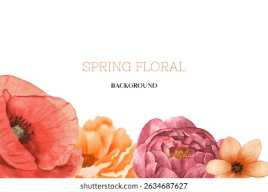 Spring floral in watercolor vector background. Luxury wallpaper design with pink flowers, line art, golden texture.