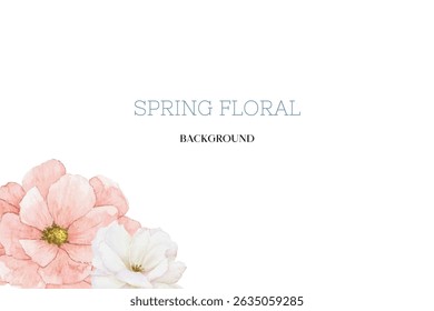 Spring floral in watercolor vector background. Luxury wallpaper design with pink flowers, line art, golden texture.