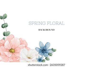 Spring floral in watercolor vector background. Luxury wallpaper design with pink flowers, line art, golden texture.