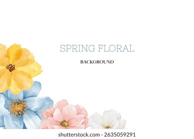 Spring floral in watercolor vector background. Luxury wallpaper design with pink flowers, line art, golden texture.