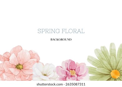 Spring floral in watercolor vector background. Luxury wallpaper design with pink flowers, line art, golden texture.