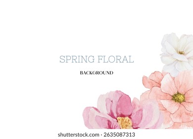 Floral de primavera en fondo de Vector de acuarela. Diseño de Fondo de pantalla de lujo con flores rosadas, arte de línea, textura dorada.