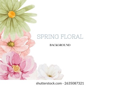 Spring floral in watercolor vector background. Luxury wallpaper design with pink flowers, line art, golden texture.