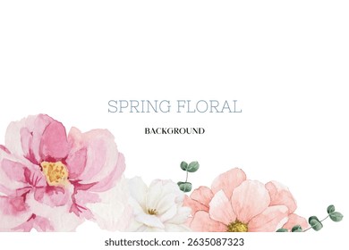 Spring floral in watercolor vector background. Luxury wallpaper design with pink flowers, line art, golden texture.