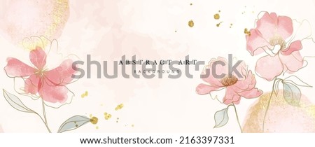 Spring floral in watercolor vector background. Luxury wallpaper design with pink flowers, line art, golden texture. Elegant gold blossom flowers illustration suitable for fabric, prints, cover.