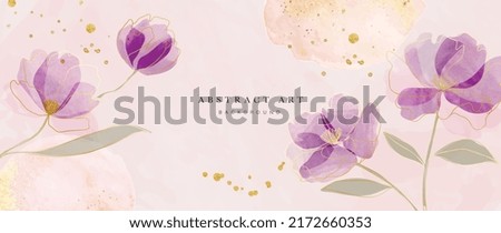 Spring floral in watercolor vector background. Luxury wallpaper design with purple flowers, line art, golden texture. Elegant gold blossom flowers illustration suitable for fabric, prints, cover.