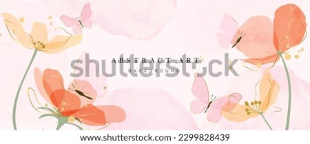 Spring floral in watercolor vector background. Luxury flower wallpaper design with wild flowers, butterfly, line art, golden texture. Elegant botanical illustration suitable for fabric, prints, cover.