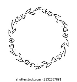 Spring floral wreath isolated on white background. Round frame with flowers. Vector hand-drawn illustration in doodle style. Perfect for cards, invitations, decorations, logo, various designs.