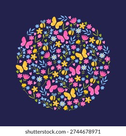 Spring Floral Wreath Round Frame with Flowers, Butterflies and Bees, Cute Colorful Botanical Circle Composition on Dark Background for Greeting Card, Nursery Wall Art and Seasonal Poster Design