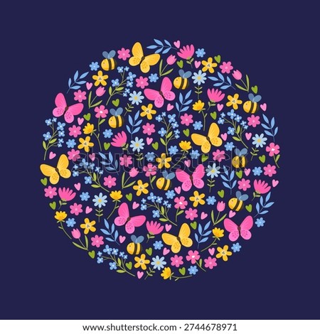 Spring Floral Wreath Round Frame with Flowers, Butterflies and Bees, Cute Colorful Botanical Circle Composition on Dark Background for Greeting Card, Nursery Wall Art and Seasonal Poster Design