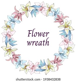 Spring floral wreath of tropical flowers, cut out on a white background. Vector hand drawn lily and vanilla.