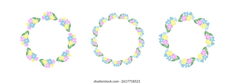 Spring floral wreaths set vector illustration. Three pastel flower frames with green leaves in round shape. Hand drawn spring decoration for greeting cards and designs.