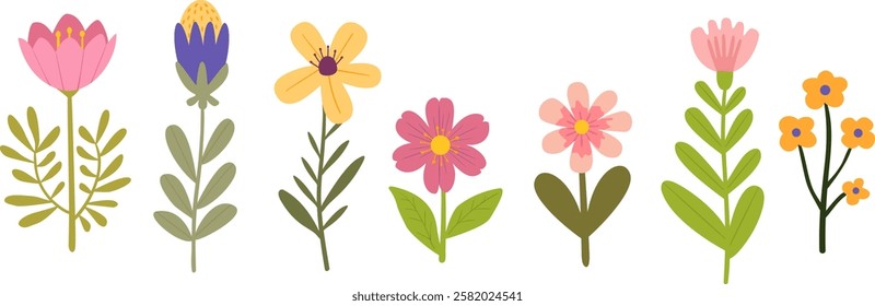 Spring florals vector illustration set. Cartoon colorful simple flowers, leaves.