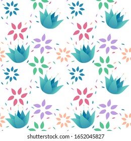 Spring flourish colourful pattern. Repetitive vector illustration of colourful shapes and flowers. EPS 10.