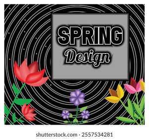 Spring flourishing. A captivating spring design featuring vibrant flowers against an abstract, circular background. Perfect for seasonal themes, greeting cards.  Flat vector modern illustration 