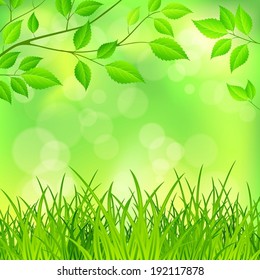 Spring flower background in green with bokeh, vector illustration