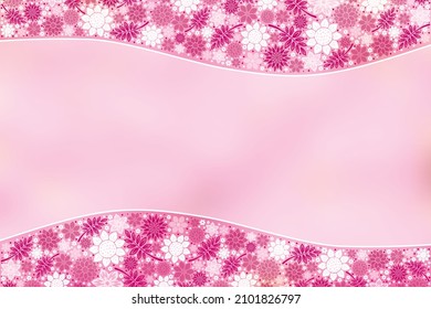 Spring flower background for greeting card. Mother's Day backdrop. Flowing pink and white flowers. Vector illustration of botanical elements arrayed across the top and bottom border. 