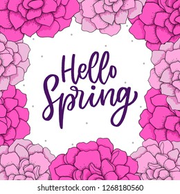 Spring flower background with hand drawn lettering hello spring. Welcome spring typography for card, poster, banner.